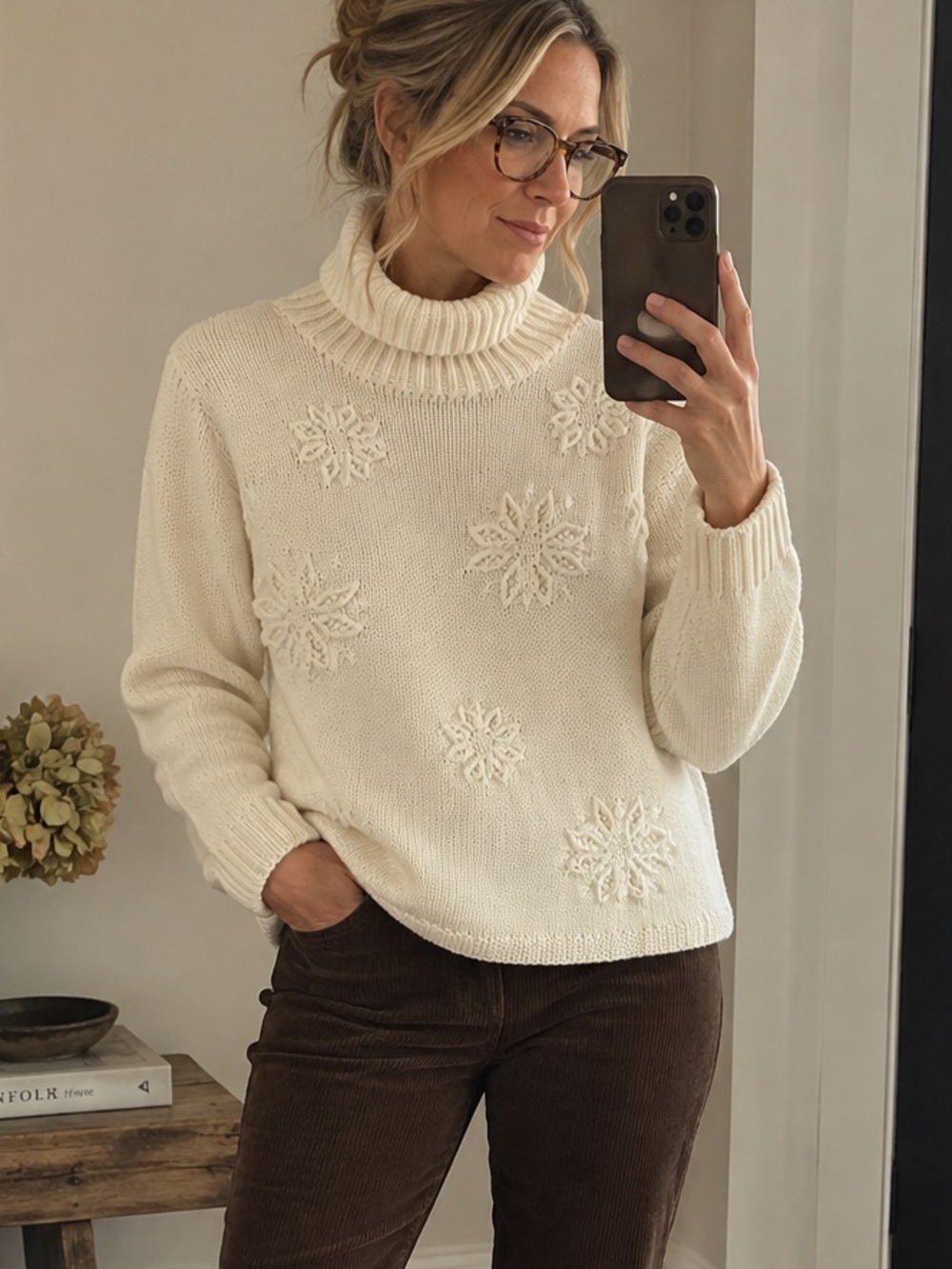 Talbots Hand Knit Cotton Snowflake Turtleneck Sweater Cream M